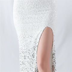 One-Shoulder Feathered Sequined Maxi Dress