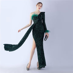 One-Shoulder Ostrich Feather Sequin Maxi Dress