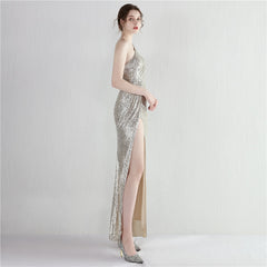 Sequin One-Shoulder Fishtail Maxi Dress