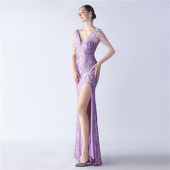 Ostrich Feather Beaded Maxi Dress