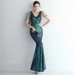 Sequined V-Neck Fishtail Maxi Dress