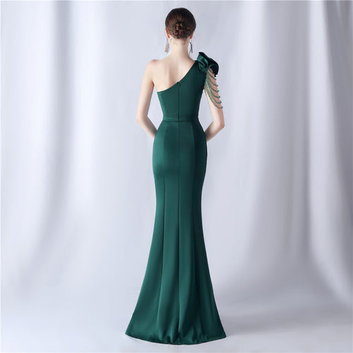 Asymmetric One-Shoulder Beaded Maxi Dress