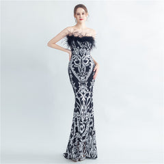 Ostrich Feather Strapless Maxi Dress