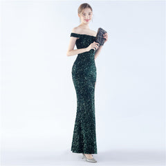 Off-Shoulder Sequin Split Maxi Dress