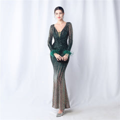Ostrich Feather Gradient Sequin Maxi Dress