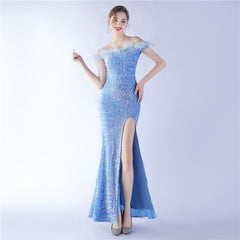 Off-Shoulder Sequin Feather Maxi Dress