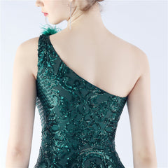 Ostrich Feather Sequined One-Shoulder Maxi Dress