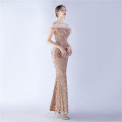 Off-Shoulder Sequin Feather Maxi Dress