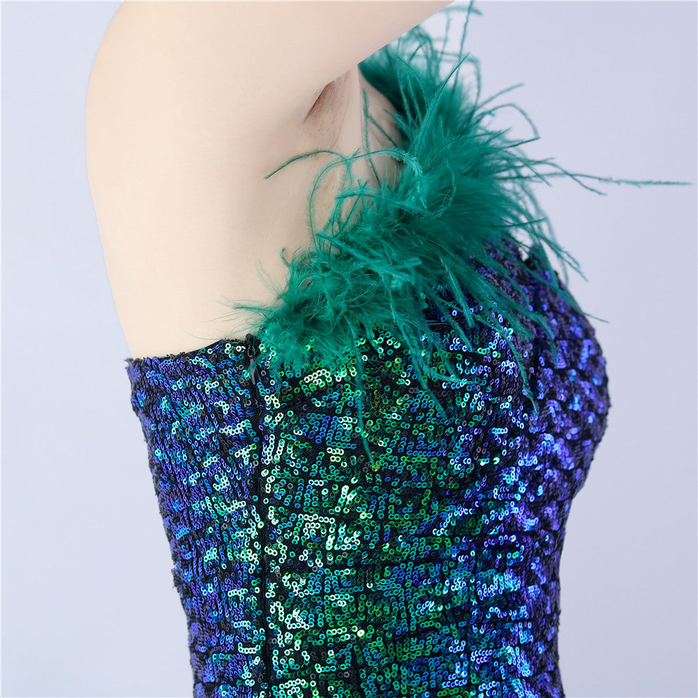 Asymmetric One-Shoulder Sequined Maxi Dress