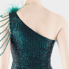 One-Shoulder Ombre Sequin Feather Dress