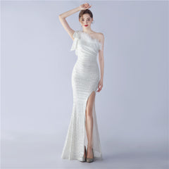 Sequined One-Shoulder Ostrich-Feather Maxi Dress