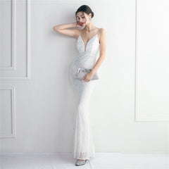 V-Neck Sequined Beaded Maxi Dress