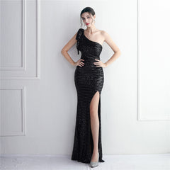 Sequined One-Shoulder Fishtail Maxi Dress