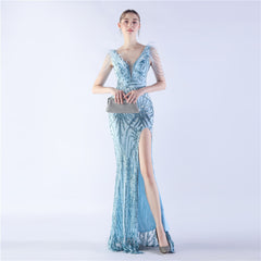 Ostrich Feather Beaded Maxi Dress