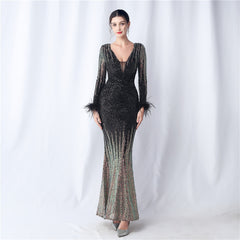 Ostrich Feather Gradient Sequin Maxi Dress