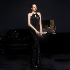 Sequined Halter Fishtail Maxi Dress