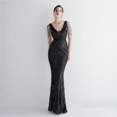 Sequined V-Neck Slim Maxi Dress