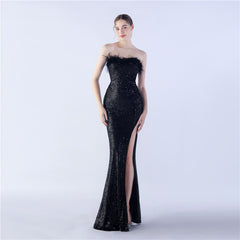 Ostrich Feather Strapless Maxi Dress