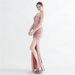 Sequin Boned Strapless Split Maxi Dress