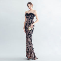 Ostrich Feather Strapless Maxi Dress