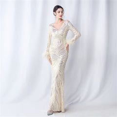 V-Neck Ostrich Feather Sequin Maxi Dress
