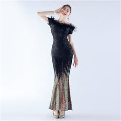 Off-Shoulder Ostrich Feather Sequin Maxi Dress