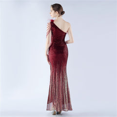 One-Shoulder Ombre Sequin Feather Dress