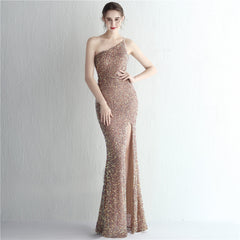 One-Shoulder Sequined Fishtail Split Maxi Dress