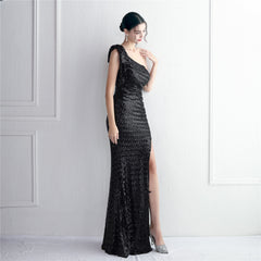 Sequined One-Shoulder Fishtail Maxi Dress