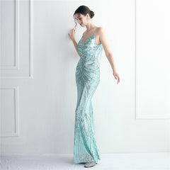 V-Neck Sequined Beaded Maxi Dress