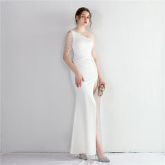 Beaded One-Shoulder Fishtail Maxi Dress
