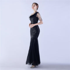 Beaded Sequined Ostrich Feather Maxi Dress