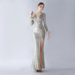 Ostrich Feather Sequin Maxi Dress