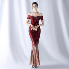 Off-Shoulder Sequined Fringe Maxi Dress