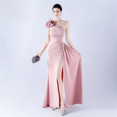 One-Shoulder Beaded Rhinestone Maxi Dress