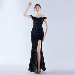 Off-Shoulder Sequin Split Maxi Dress
