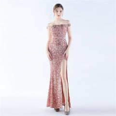 Off-Shoulder Sequin Split Maxi Dress
