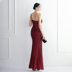 Sequin One-Shoulder Fishtail Maxi Dress