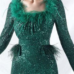 Ostrich Feather Sequin Split Maxi Dress