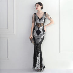 Sequined Beaded Fishtail Maxi Dress