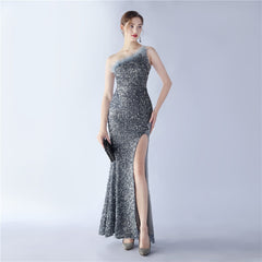 Ostrich Feather One-Shoulder Sequined Maxi Dress