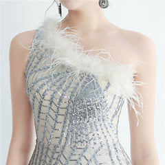 One-Shoulder Sequin Feather Maxi Dress