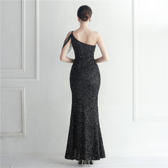 One-Shoulder Sequined Split Maxi Dress