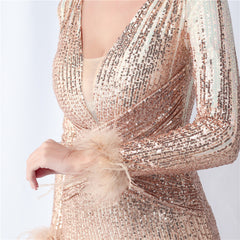 Ostrich Feather Gradient Sequin Maxi Dress