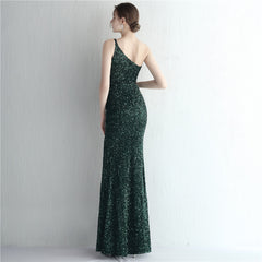 One-Shoulder Sequined Fishtail Split Maxi Dress