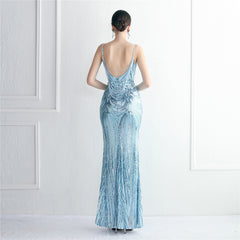 V-Neck Sequined Beaded Maxi Dress