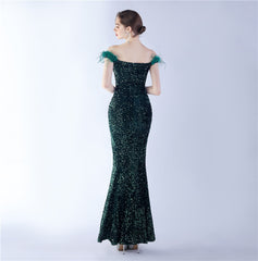 Off-Shoulder Sequin Feather Maxi Dress