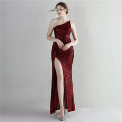 Sequin One-Shoulder Fishtail Maxi Dress