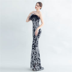 Ostrich Feather Strapless Maxi Dress