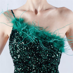 One-Shoulder Sequin Feather Maxi Dress